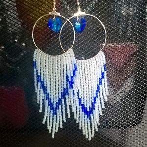 Hand beaded crystal heart fringe earrings